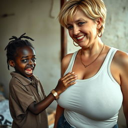 In a poor room, a young, very short, malnourished African woman, around 20 years old with deep black skin, presents a sinister image with her rotten, monstrous teeth and bulging eyes