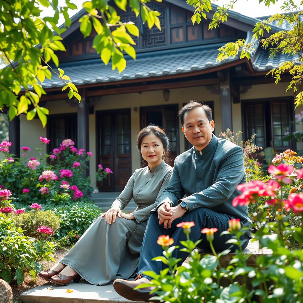 A beautiful Bohai woman sitting gracefully in front of her charming house, surrounded by a vibrant garden full of blooming flowers and lush greenery