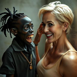 In a poor room, a young, very short, malnourished African woman, approximately 20 years old with deep black skin, exudes a sinister vibe with her rotten, monstrous teeth and bulging eyes
