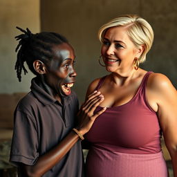 In a poor room, a young, very short, malnourished African woman, approximately 20 years old with deep black skin, exudes a sinister vibe with her rotten, monstrous teeth and bulging eyes