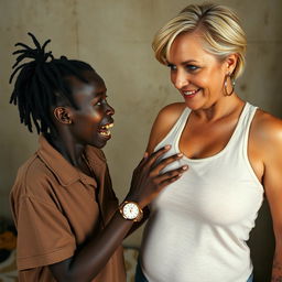 In a poor room, a young, very short, malnourished African woman, approximately 20 years old with deep black skin, exudes a sinister vibe with her rotten, monstrous teeth and bulging eyes