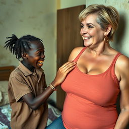 In a poor room, a young, very short, malnourished African woman, approximately 20 years old with deep black skin, exudes a sinister vibe with her rotten, monstrous teeth and bulging eyes