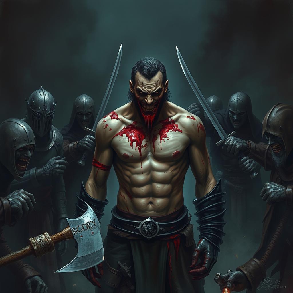 A dramatic scene depicting a lone warrior standing amidst six enemies in a tense standoff