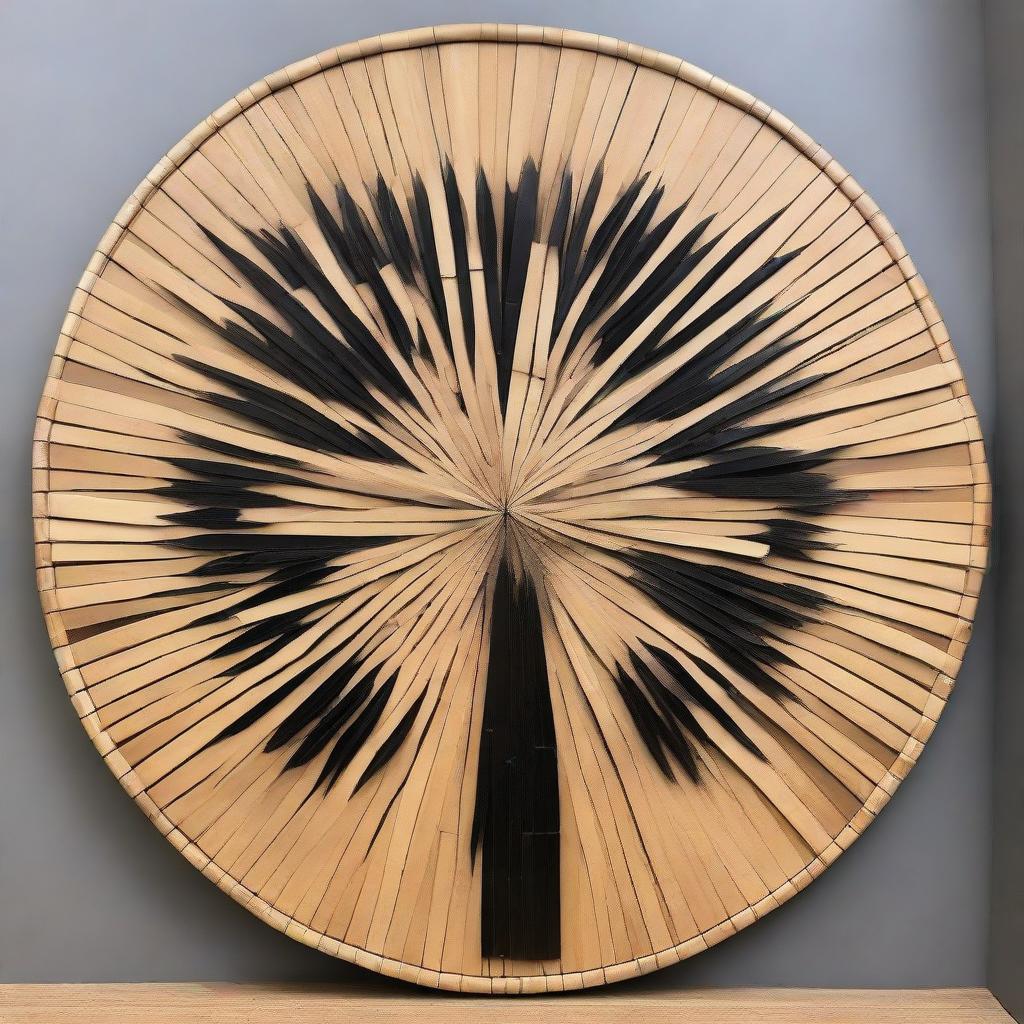 A large, mesmerizing piece of round wall art, precisely constructed from black bamboo stalks, with a measuring tape placed alongside for scale reference.