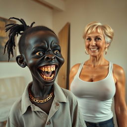 In a poor room, a young, very short, malnourished 20-year-old African woman with very black skin and an evil expression is shown