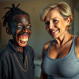 In a poor room, a young, very short, malnourished 20-year-old African woman with very black skin and an evil expression is shown