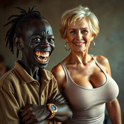 In a poor room, a young, very short, malnourished 20-year-old African woman with very black skin and an evil expression is shown