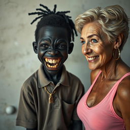 In a poor room, a young, very short, malnourished 20-year-old African woman with very black skin and an evil expression is shown