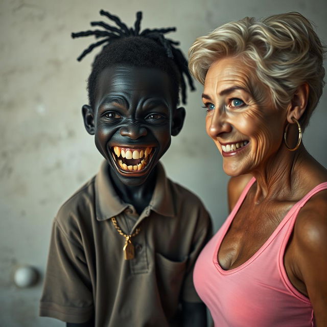 In a poor room, a young, very short, malnourished 20-year-old African woman with very black skin and an evil expression is shown