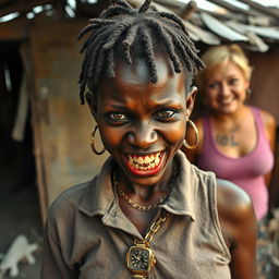 In a dilapidated shanty, a young African woman, about 20 years old, extremely short and malnourished, features very dark skin and a menacing expression, displaying severely decayed monster-like teeth