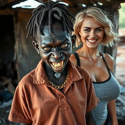 In a dilapidated shanty, a young African woman, about 20 years old, extremely short and malnourished, features very dark skin and a menacing expression, displaying severely decayed monster-like teeth
