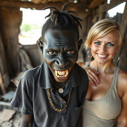 In a dilapidated shanty, a young African woman, about 20 years old, extremely short and malnourished, features very dark skin and a menacing expression, displaying severely decayed monster-like teeth