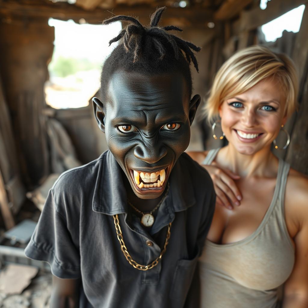 In a dilapidated shanty, a young African woman, about 20 years old, extremely short and malnourished, features very dark skin and a menacing expression, displaying severely decayed monster-like teeth