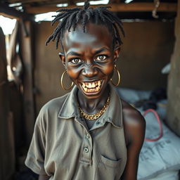 In a dilapidated shanty, a young African woman, about 20 years old, extremely short and malnourished, features very dark skin and a menacing expression, displaying severely decayed monster-like teeth