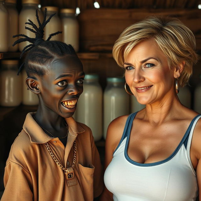 In a shanty filled with jars of milk, a young African woman, approximately 20 years old, very short and malnourished, has very dark skin and an ominous expression, with severely decayed, monster-like teeth and wide, startled eyes