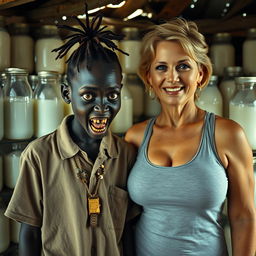 In a shanty filled with jars of milk, a young African woman, approximately 20 years old, very short and malnourished, has very dark skin and an ominous expression, with severely decayed, monster-like teeth and wide, startled eyes
