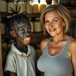 In a shanty filled with jars of milk, a young African woman, approximately 20 years old, very short and malnourished, has very dark skin and an ominous expression, with severely decayed, monster-like teeth and wide, startled eyes