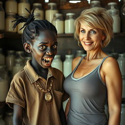 In a shanty filled with jars of milk, a young African woman, approximately 20 years old, very short and malnourished, has very dark skin and an ominous expression, with severely decayed, monster-like teeth and wide, startled eyes