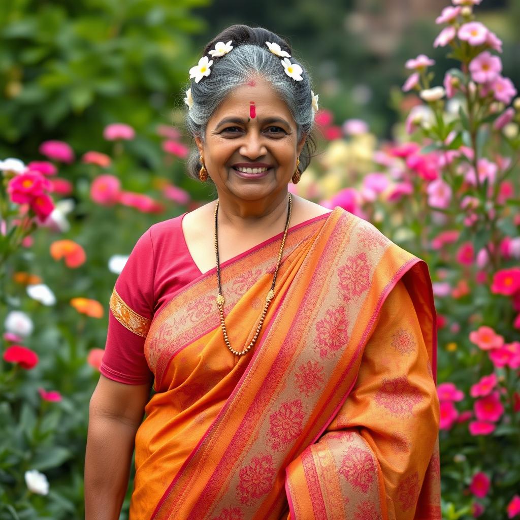 An elderly Indian woman with a curvy figure, dressed in a beautifully embroidered traditional sari
