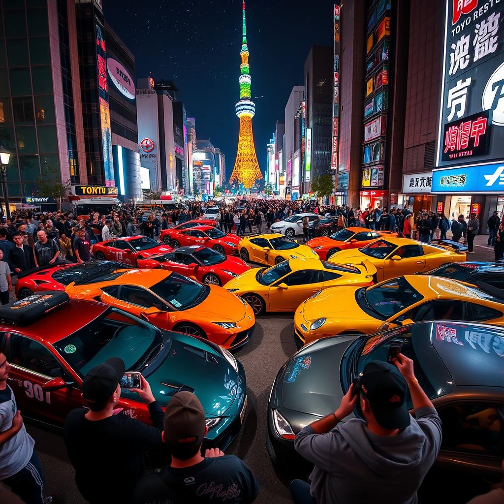 A vibrant car meet in the bustling streets of Tokyo, showcasing a diverse array of cars including flashy supercars like Lamborghinis and Ferraris, along with classic Japanese models like the Nissan Skyline and Toyota Supra