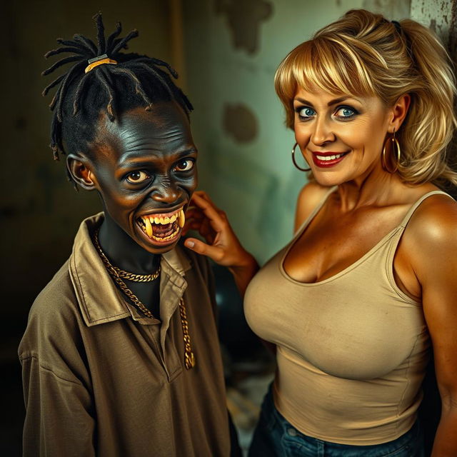In a poor and dirty room, a young African woman, about 20 years old, very short and malnourished, has very dark skin and an ominous expression, revealing severely decayed monster-like teeth