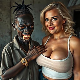 In a poor and dirty room, a young African woman, about 20 years old, very short and malnourished, has very dark skin and an ominous expression, revealing severely decayed monster-like teeth