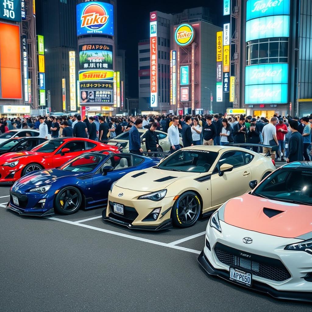 A thrilling car meet in Tokyo showcasing a lineup of JDM cars featuring striking Rocket Bunny body kits