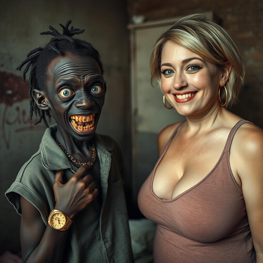 In a poor and dirty room, a young African woman, about 20 years old, very short and malnourished, has very dark skin with a sinister expression, revealing severely decayed, monster-like teeth