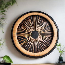 A large, mesmerizing piece of round wall art, precisely constructed from black bamboo stalks, with a measuring tape placed alongside for scale reference.