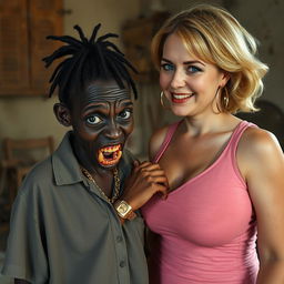 In a poor and dirty room, a young African woman, about 20 years old, very short and malnourished, has very dark skin with a sinister expression, revealing severely decayed, monster-like teeth