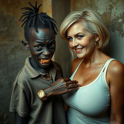 In a poor and dirty room, a young African woman, about 20 years old, very short and malnourished, has very dark skin with a sinister expression, revealing severely decayed, monster-like teeth