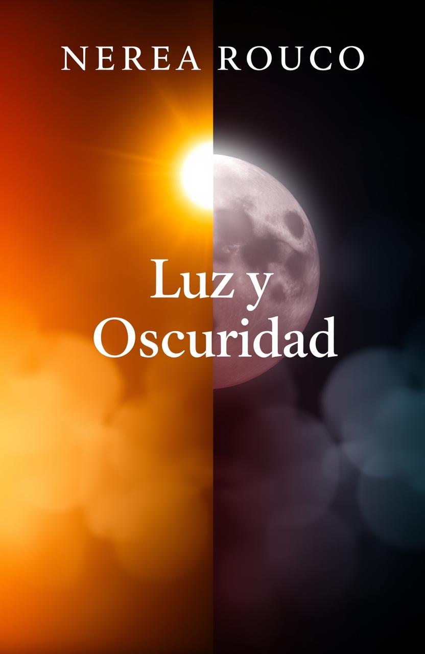 A book cover design for 'Luz y Oscuridad' by Nerea Rouco, featuring a striking visual split down the middle