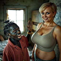 In a shabby and dirty room, a young African woman, about 20 years old, very short and malnourished, has very dark skin and a sinister appearance with decayed, monstrous teeth