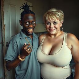 In a shabby and dirty room, a young African woman, about 20 years old, very short and malnourished, has very dark skin and a sinister appearance with decayed, monstrous teeth