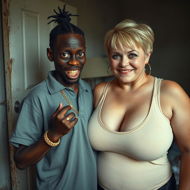 In a shabby and dirty room, a young African woman, about 20 years old, very short and malnourished, has very dark skin and a sinister appearance with decayed, monstrous teeth