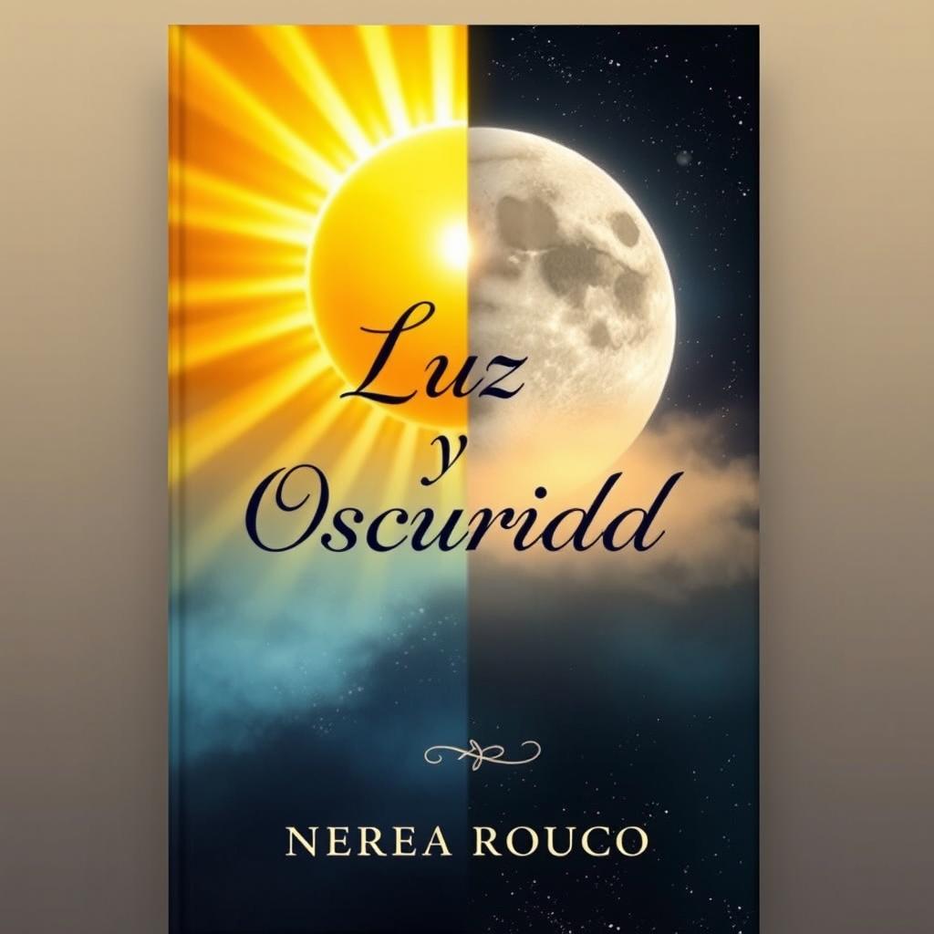A book cover design for 'Luz y Oscuridad' by Nerea Rouco, featuring a captivating split-image concept