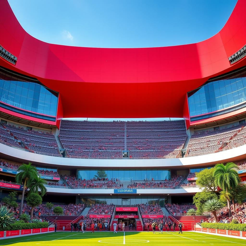A large, modern football stadium with a seating capacity of 70,000, featuring an exterior primarily painted in vibrant red