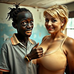 In a dilapidated and dirty room, a young African woman, about 20 years old, very short and malnourished, has very dark skin and an unsettling expression with severely decayed, monstrous teeth
