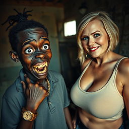 In a dilapidated and dirty room, a young African woman, about 20 years old, very short and malnourished, has very dark skin and an unsettling expression with severely decayed, monstrous teeth