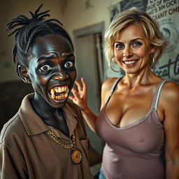 In a dilapidated and dirty room, a young African woman, about 20 years old, very short and malnourished, has very dark skin and an unsettling expression with severely decayed, monstrous teeth