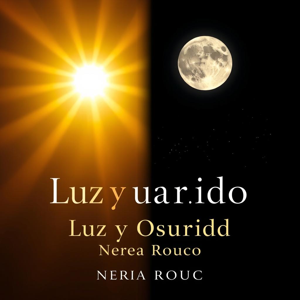 Una portada para el libro 'Luz y Oscuridad' de Nerea Rouco, con un diseño impactante que destaca la dualidad del tema