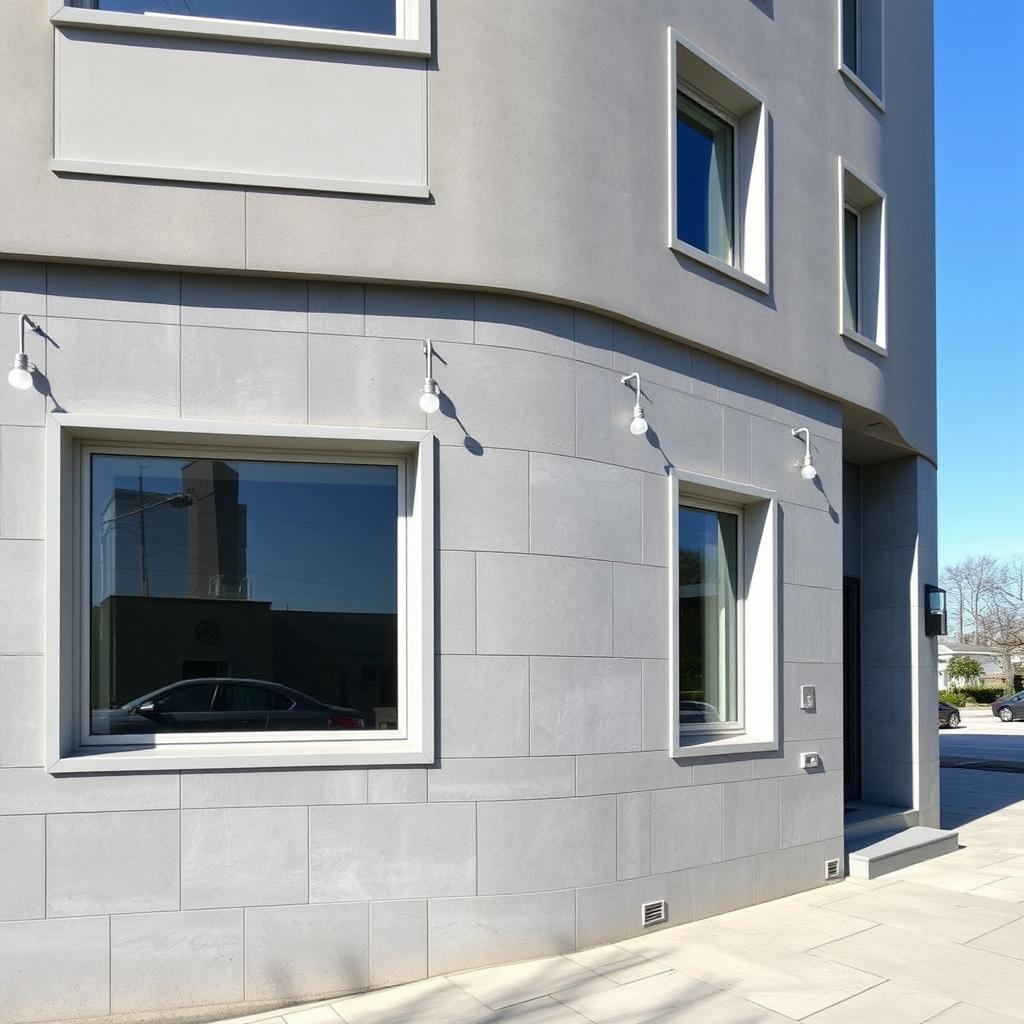 A modern building featuring a uniform stone grey facade, with large, minimalist architectural elements