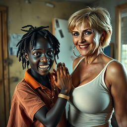 In a rundown room, a young African woman, about 20 years old, very short and malnourished, has very dark skin with an unsettling expression, showing decayed and monstrous teeth