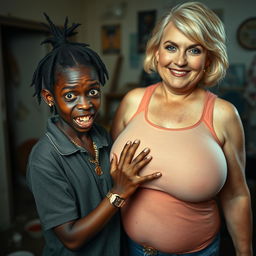 In a rundown room, a young African woman, about 20 years old, very short and malnourished, has very dark skin with an unsettling expression, showing decayed and monstrous teeth