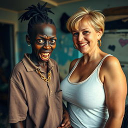 In a rundown room, a young African woman, about 20 years old, very short and malnourished, has very dark skin with an unsettling expression, showing decayed and monstrous teeth