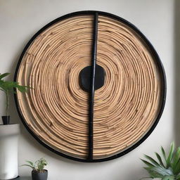 A large, mesmerizing piece of round wall art, precisely constructed from black bamboo stalks, with a measuring tape placed alongside for scale reference.