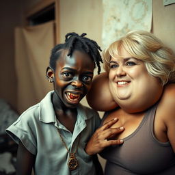 In a poor room, there is a young African woman, about 20 years old, very short and malnourished with very dark skin, exhibiting a sinister expression and showing decayed, monstrous teeth