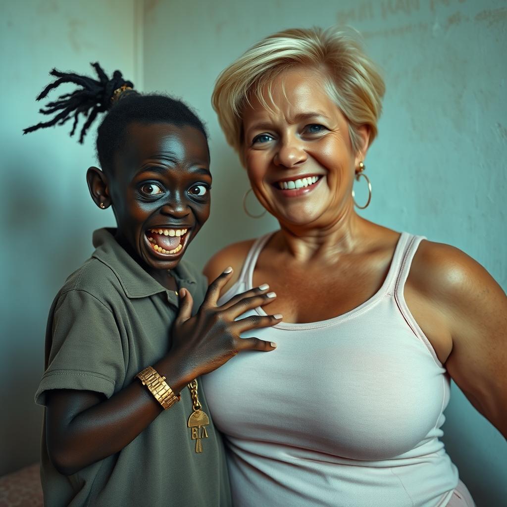 In a poor room, there is a young African woman, about 20 years old, very short and malnourished with very dark skin, exhibiting a sinister expression and showing decayed, monstrous teeth