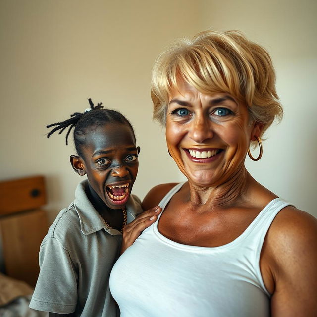 In a poor room, there is a young African woman, about 20 years old, very short and malnourished with very dark skin, exhibiting a sinister expression and showing decayed, monstrous teeth