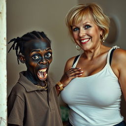 In a poor room, there is a young African woman, about 20 years old, very short and malnourished with very dark skin, exhibiting a sinister expression and showing decayed, monstrous teeth